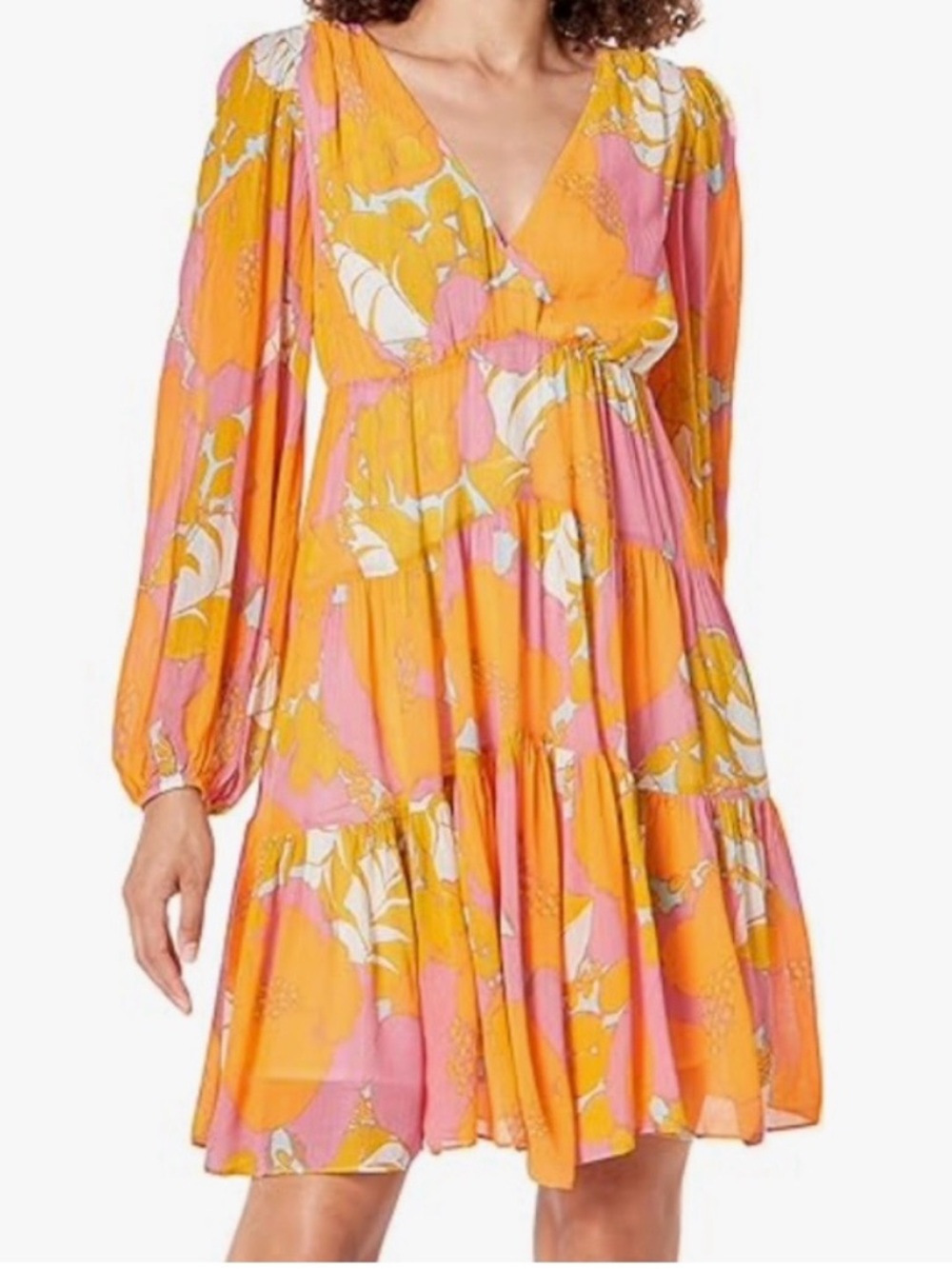 Floral V-Neck Long-Sleeve Tiered Dress — Pink & Yellow
